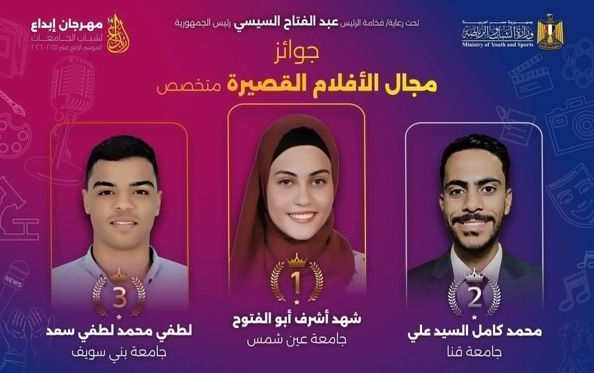 جامعة بني سويف تتألق بمهرجان إبداع 14 وتحصد المركز الثالث في الأفلام القصيرة