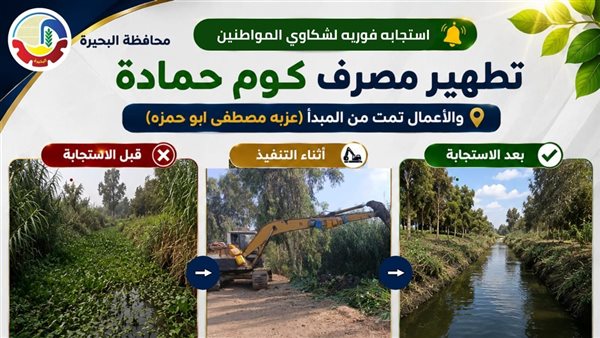 جهود محافظة البحيرة في تطهير مصرف كوم حمادة لتحسين البيئة