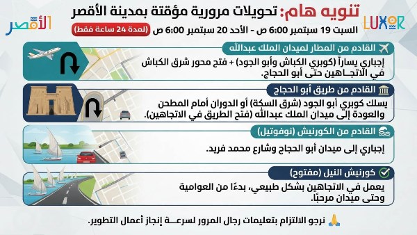 غلق طرق وتحويلات مرورية في الأقصر لمدة 24 ساعة بدءًا من السبت